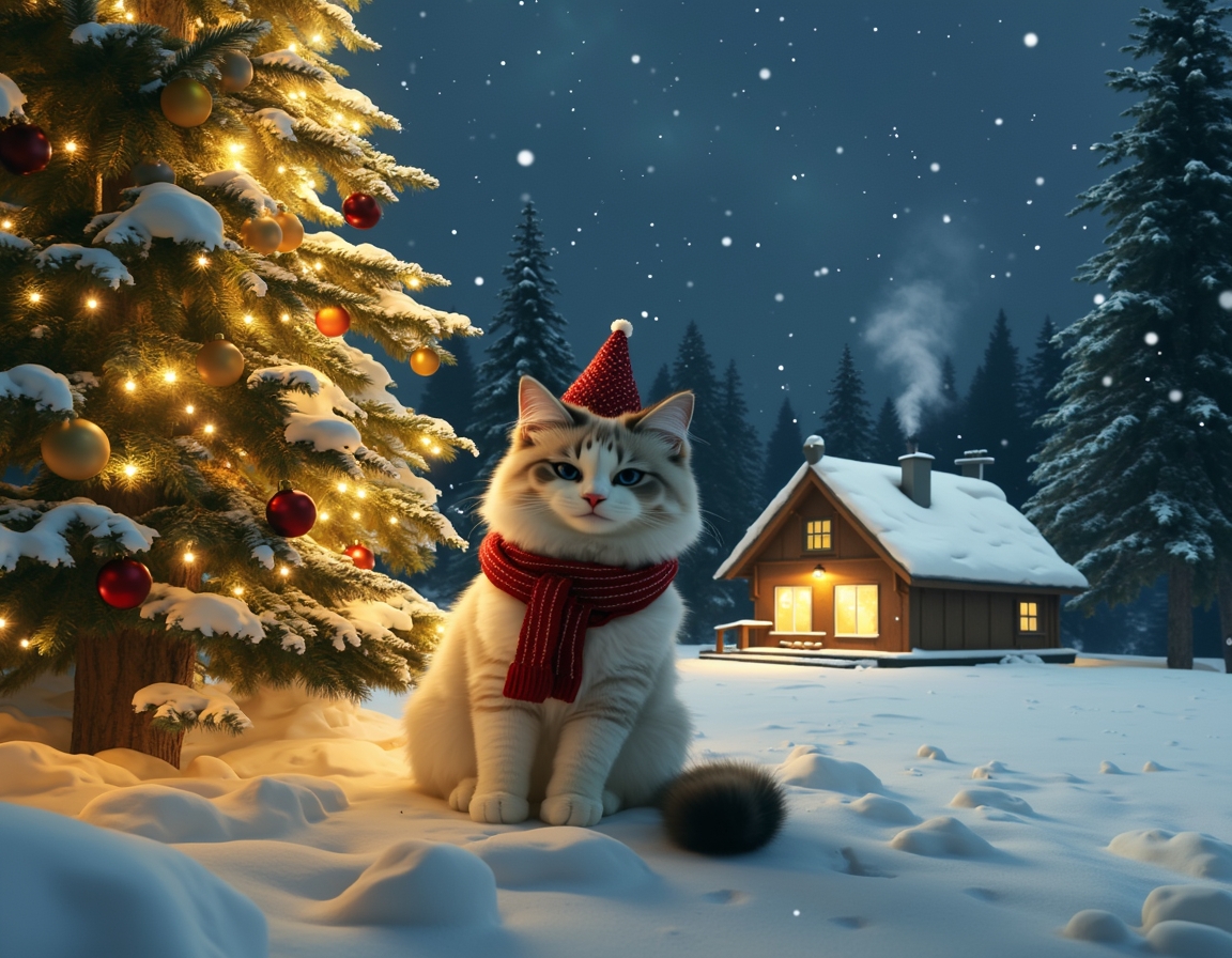 Cat sits beside a glowing Christmas tree, wearing a festive scarf and Santa hat. Snow falls gently, with a cozy cabin and snow-covered trees in the background.
